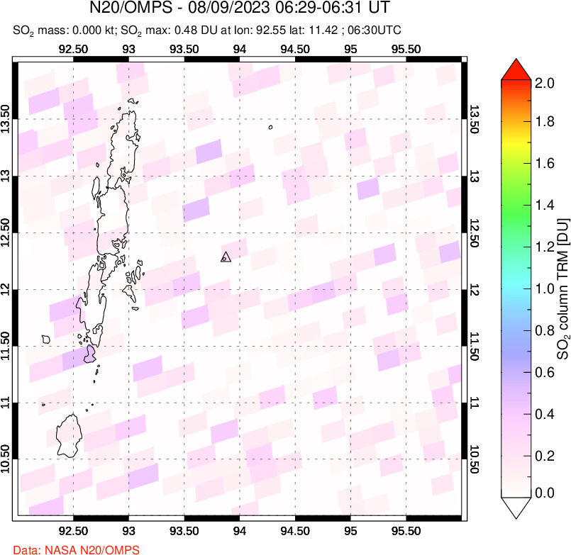 A sulfur dioxide image over Andaman Islands, Indian Ocean on Aug 09, 2023.