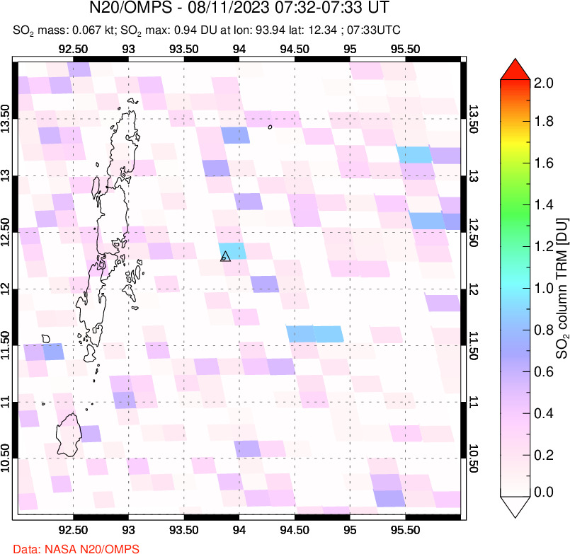 A sulfur dioxide image over Andaman Islands, Indian Ocean on Aug 11, 2023.