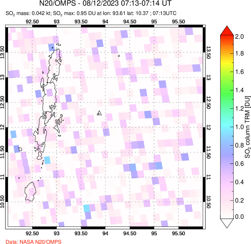 A sulfur dioxide image over Andaman Islands, Indian Ocean on Aug 12, 2023.