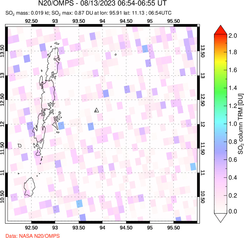 A sulfur dioxide image over Andaman Islands, Indian Ocean on Aug 13, 2023.