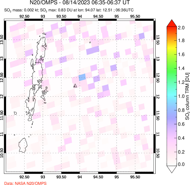 A sulfur dioxide image over Andaman Islands, Indian Ocean on Aug 14, 2023.