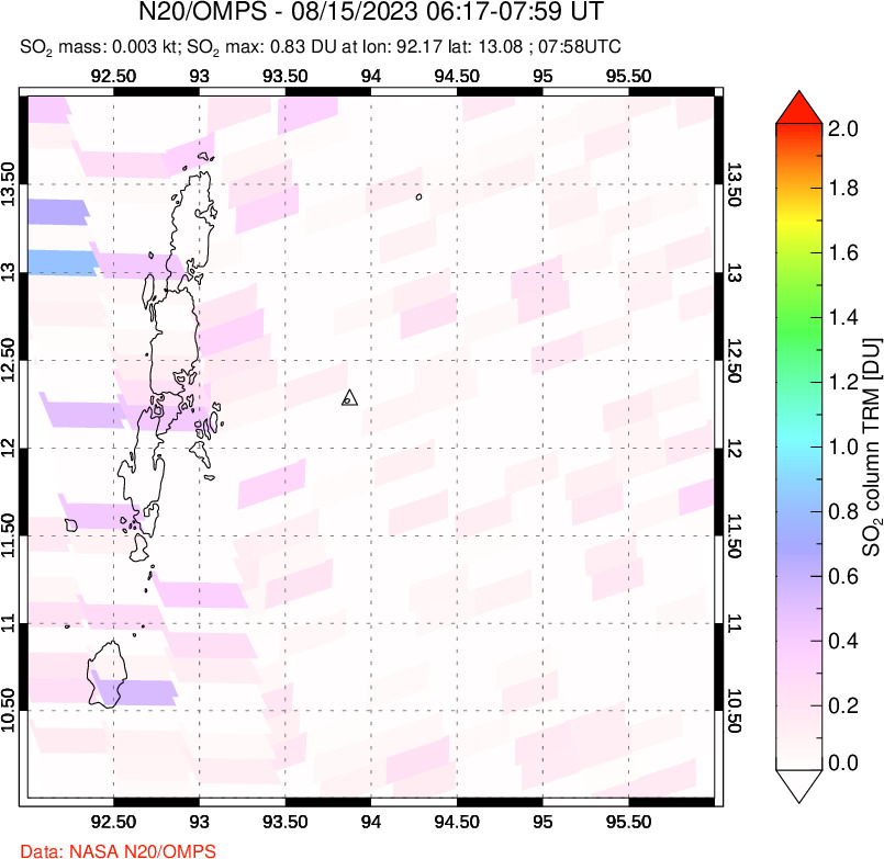 A sulfur dioxide image over Andaman Islands, Indian Ocean on Aug 15, 2023.