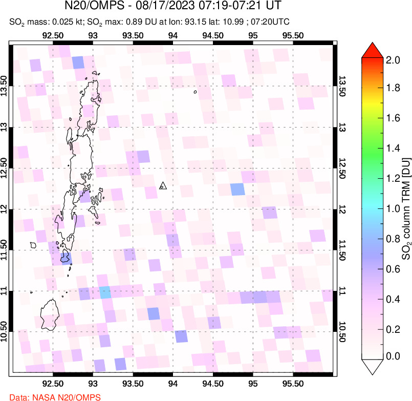 A sulfur dioxide image over Andaman Islands, Indian Ocean on Aug 17, 2023.