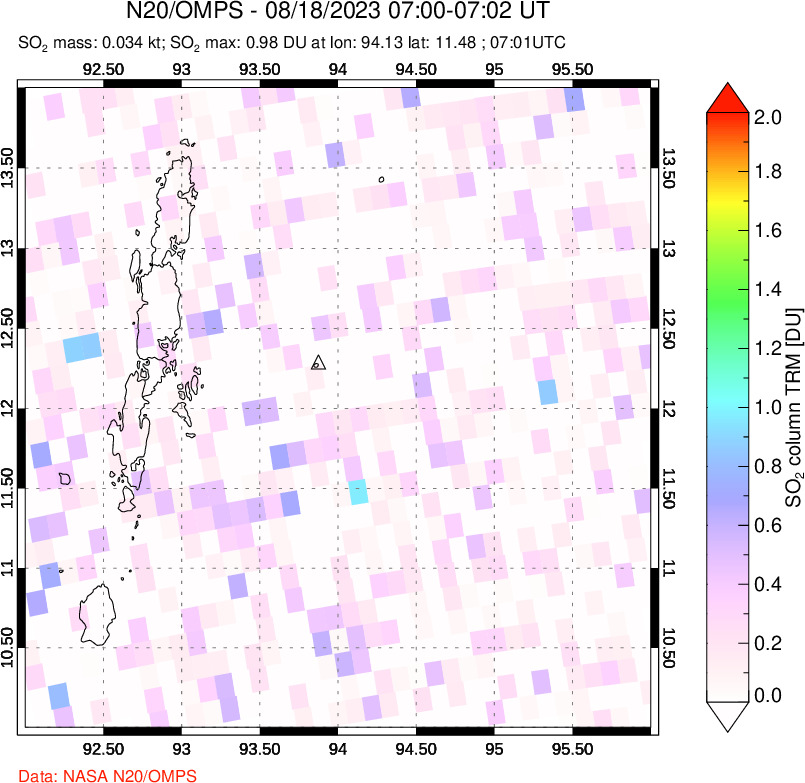 A sulfur dioxide image over Andaman Islands, Indian Ocean on Aug 18, 2023.