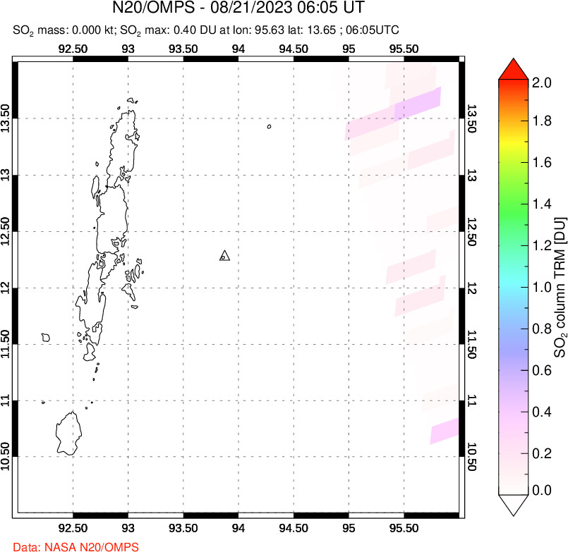 A sulfur dioxide image over Andaman Islands, Indian Ocean on Aug 21, 2023.