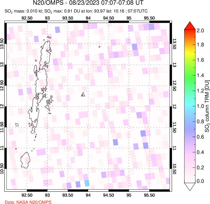 A sulfur dioxide image over Andaman Islands, Indian Ocean on Aug 23, 2023.