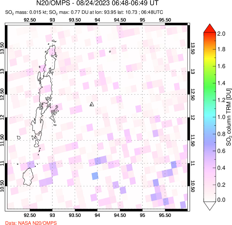 A sulfur dioxide image over Andaman Islands, Indian Ocean on Aug 24, 2023.