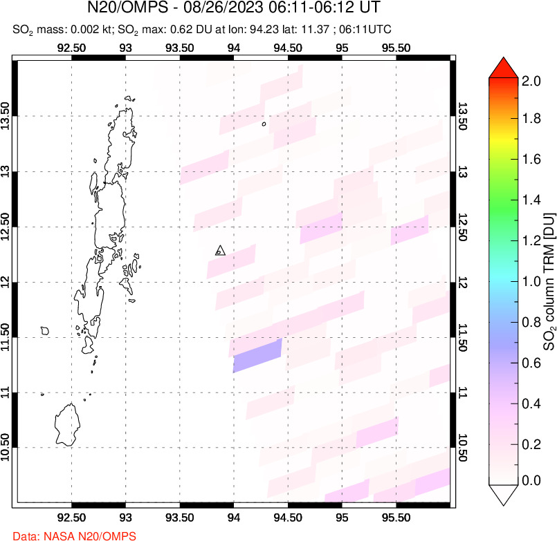 A sulfur dioxide image over Andaman Islands, Indian Ocean on Aug 26, 2023.