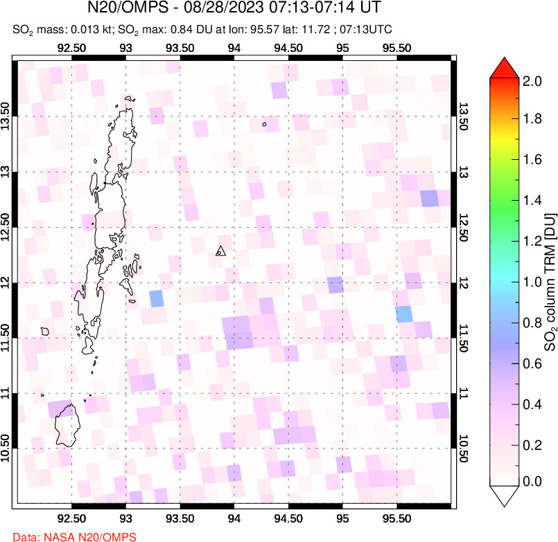 A sulfur dioxide image over Andaman Islands, Indian Ocean on Aug 28, 2023.