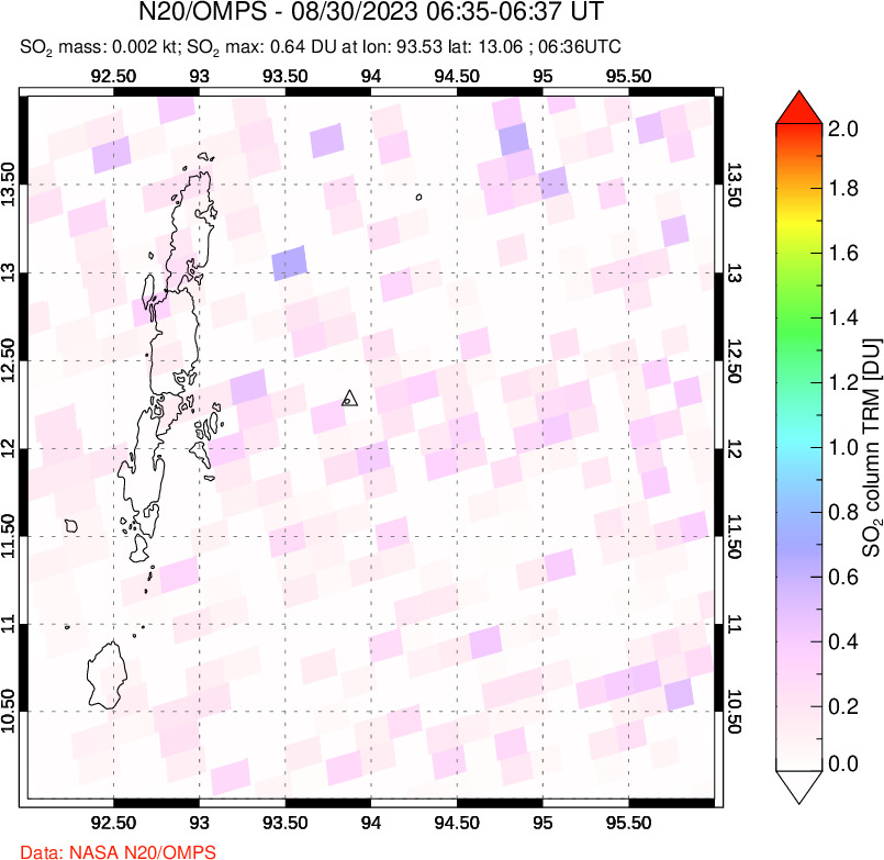 A sulfur dioxide image over Andaman Islands, Indian Ocean on Aug 30, 2023.