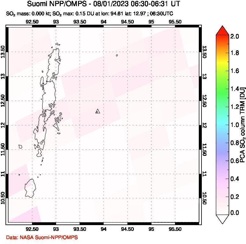 A sulfur dioxide image over Andaman Islands, Indian Ocean on Aug 01, 2023.