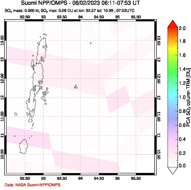 A sulfur dioxide image over Andaman Islands, Indian Ocean on Aug 02, 2023.