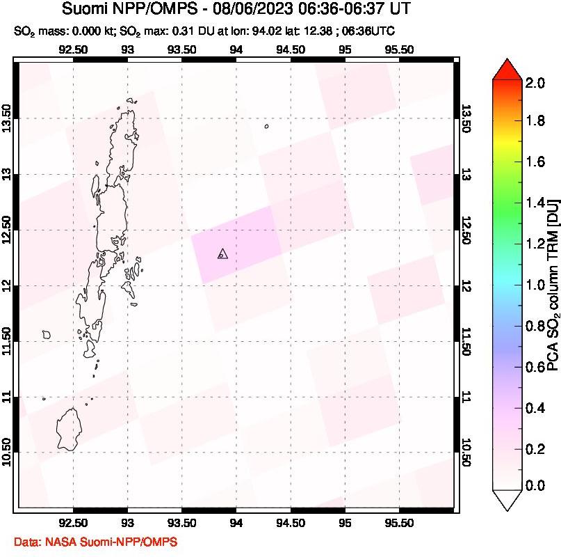 A sulfur dioxide image over Andaman Islands, Indian Ocean on Aug 06, 2023.