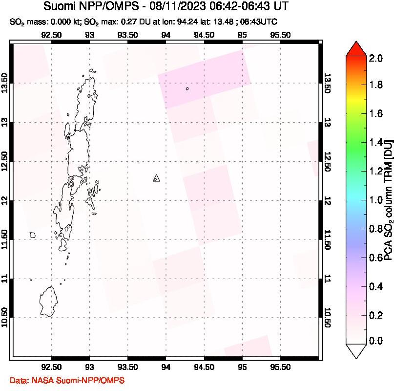 A sulfur dioxide image over Andaman Islands, Indian Ocean on Aug 11, 2023.