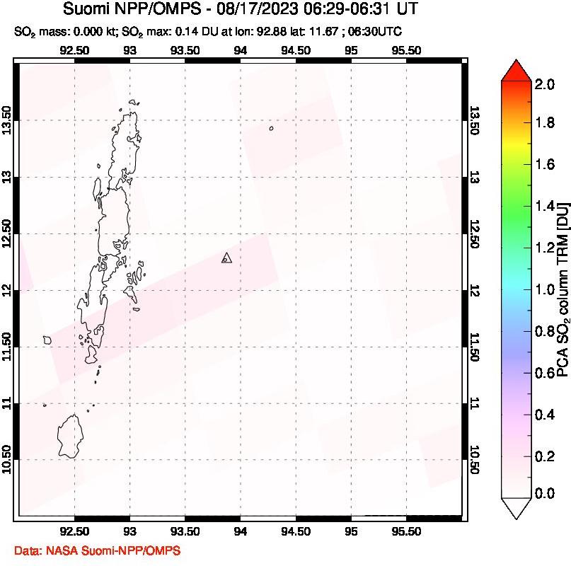 A sulfur dioxide image over Andaman Islands, Indian Ocean on Aug 17, 2023.