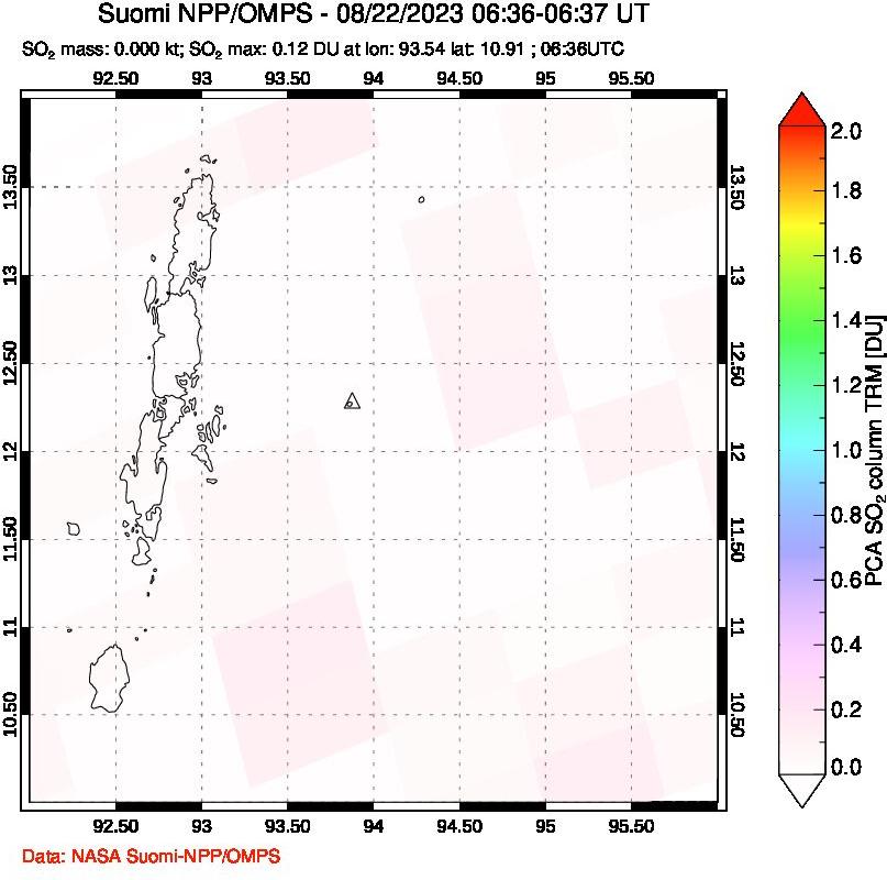 A sulfur dioxide image over Andaman Islands, Indian Ocean on Aug 22, 2023.