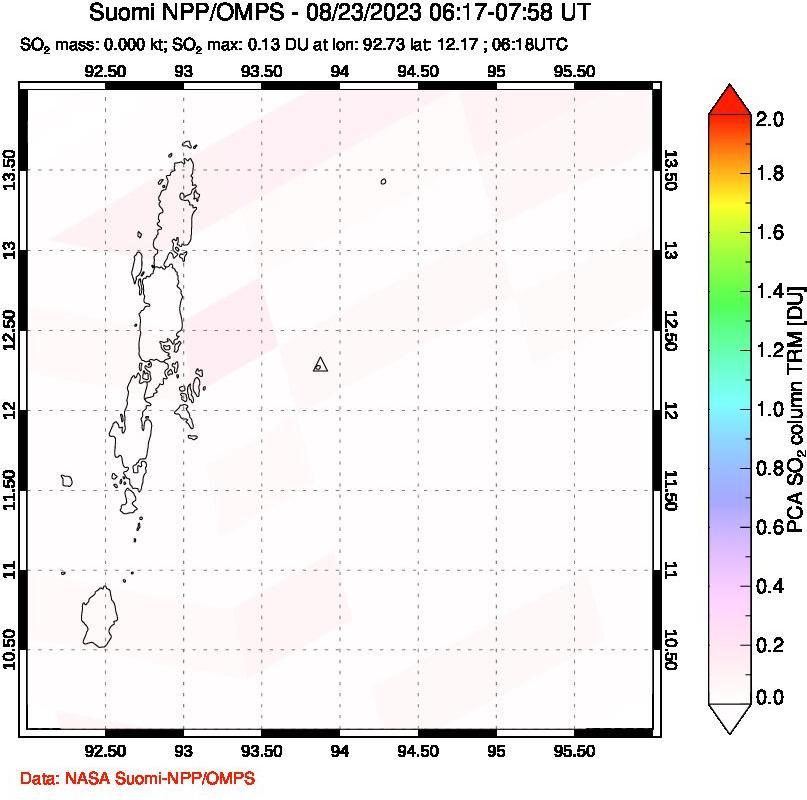 A sulfur dioxide image over Andaman Islands, Indian Ocean on Aug 23, 2023.