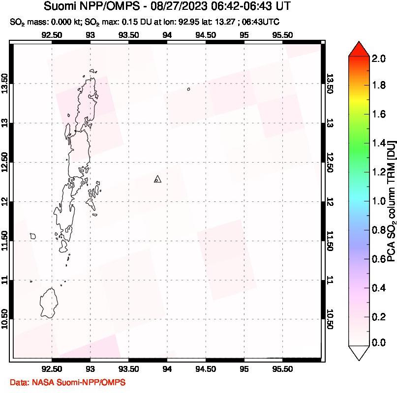 A sulfur dioxide image over Andaman Islands, Indian Ocean on Aug 27, 2023.