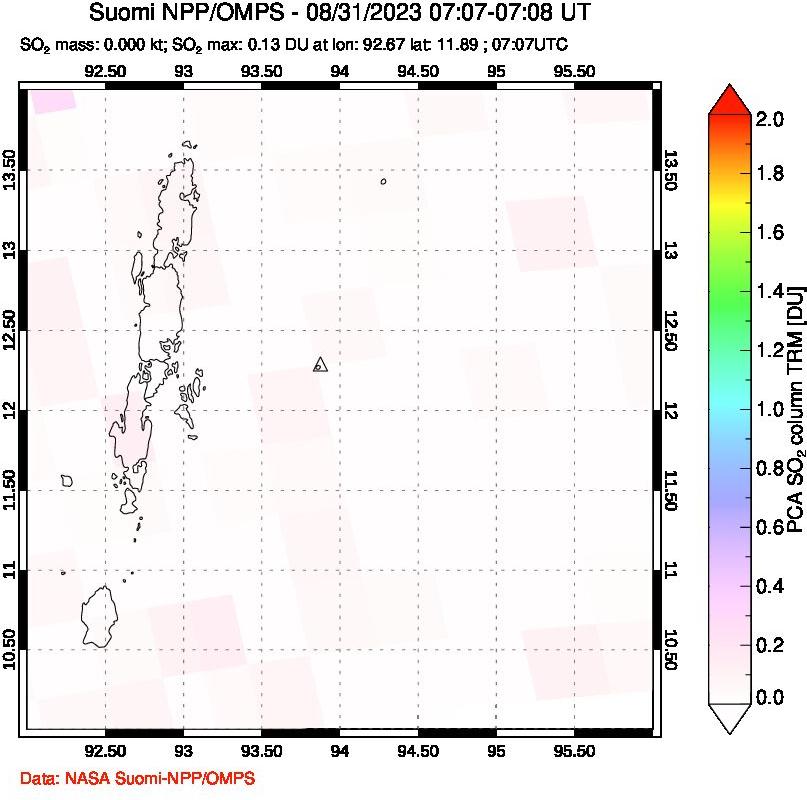 A sulfur dioxide image over Andaman Islands, Indian Ocean on Aug 31, 2023.