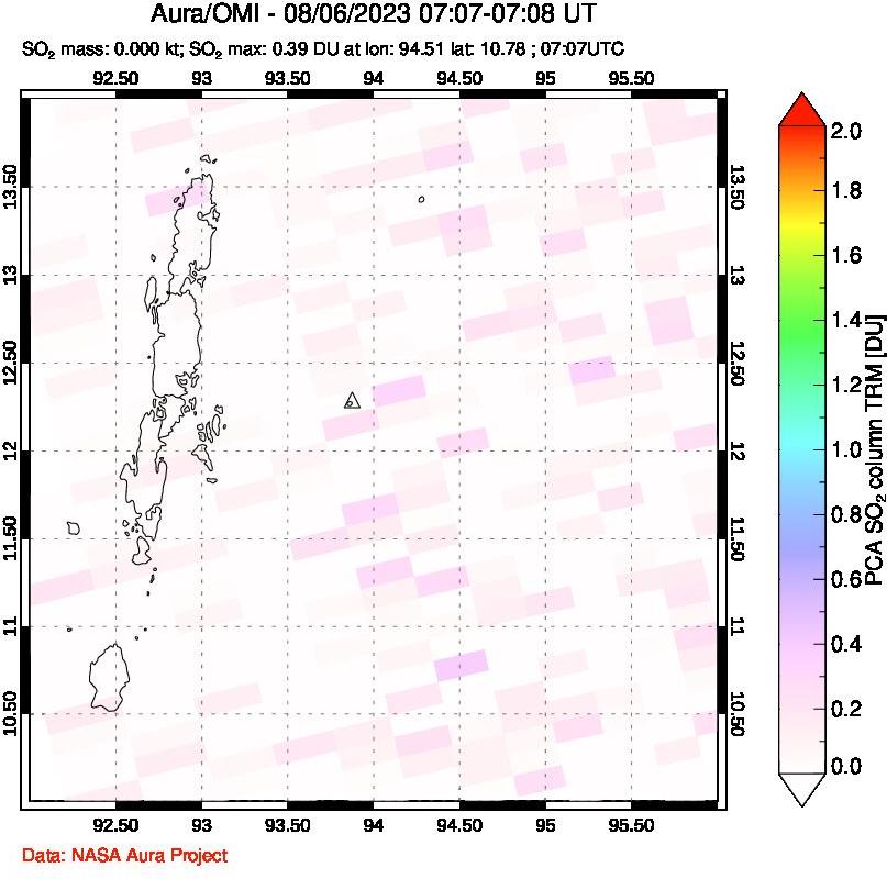 A sulfur dioxide image over Andaman Islands, Indian Ocean on Aug 06, 2023.