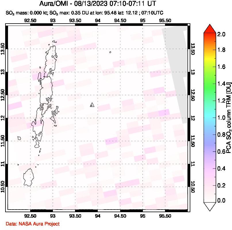 A sulfur dioxide image over Andaman Islands, Indian Ocean on Aug 13, 2023.