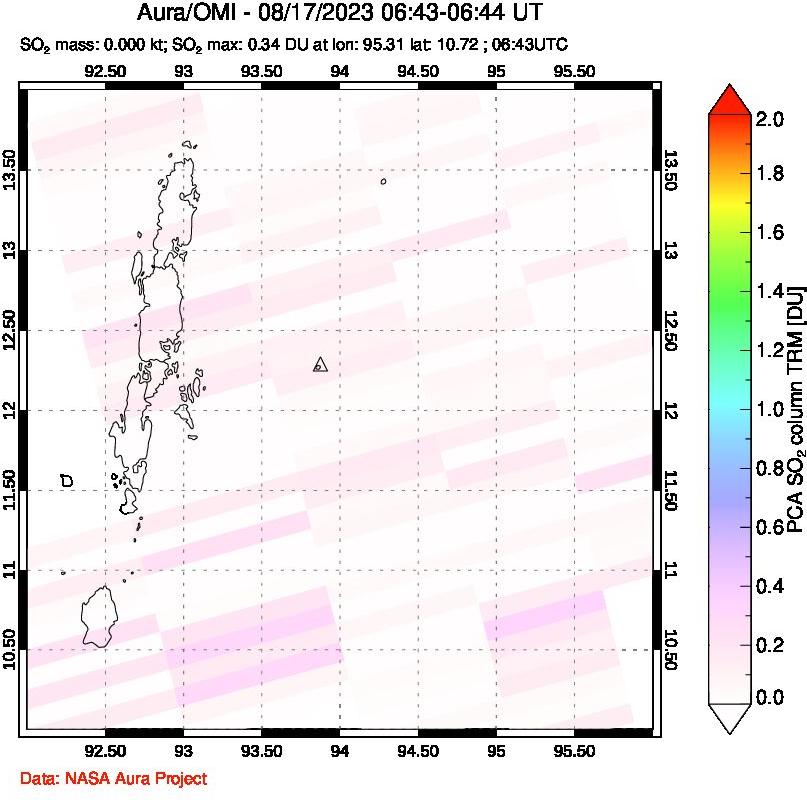 A sulfur dioxide image over Andaman Islands, Indian Ocean on Aug 17, 2023.