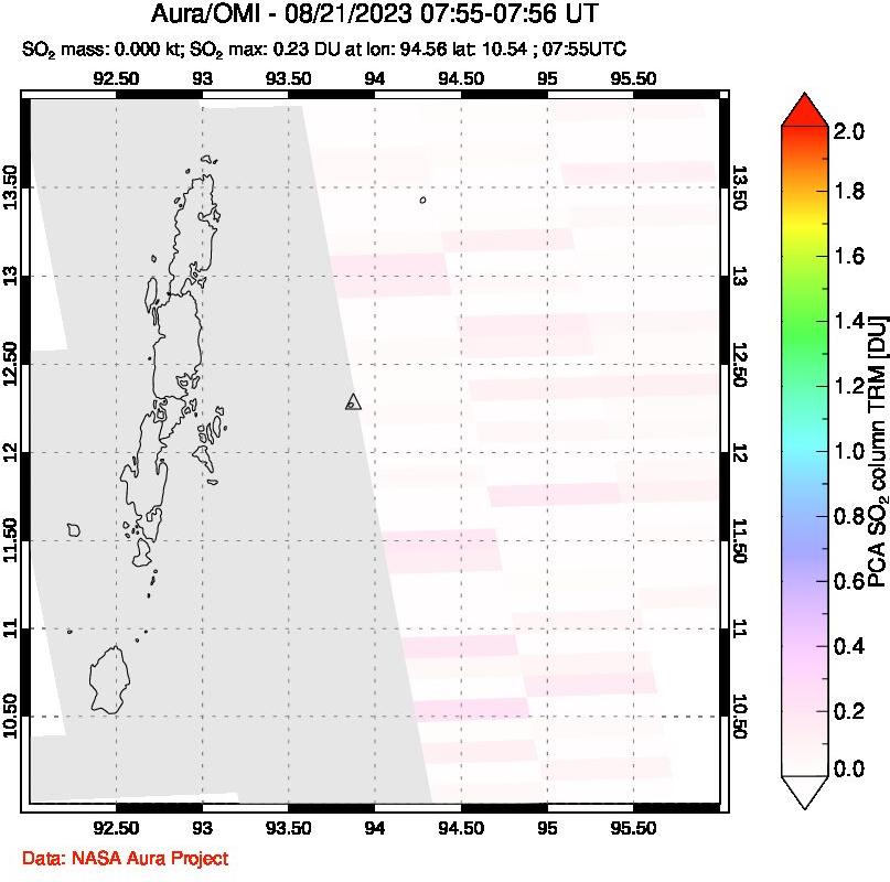 A sulfur dioxide image over Andaman Islands, Indian Ocean on Aug 21, 2023.