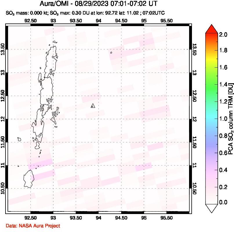 A sulfur dioxide image over Andaman Islands, Indian Ocean on Aug 29, 2023.