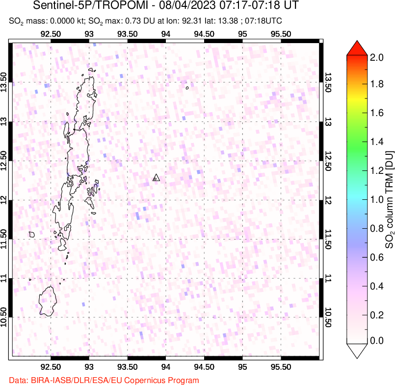 A sulfur dioxide image over Andaman Islands, Indian Ocean on Aug 04, 2023.