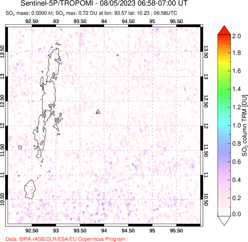 A sulfur dioxide image over Andaman Islands, Indian Ocean on Aug 05, 2023.