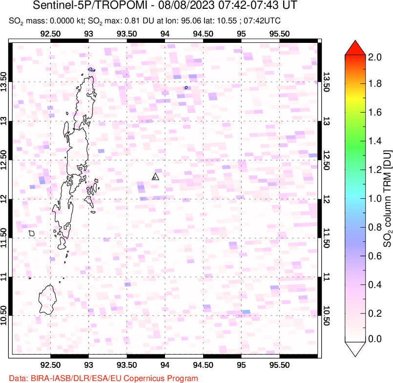 A sulfur dioxide image over Andaman Islands, Indian Ocean on Aug 08, 2023.