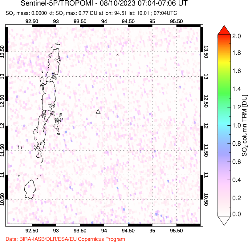 A sulfur dioxide image over Andaman Islands, Indian Ocean on Aug 10, 2023.