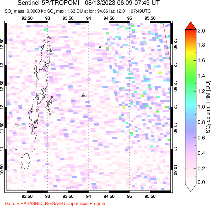 A sulfur dioxide image over Andaman Islands, Indian Ocean on Aug 13, 2023.