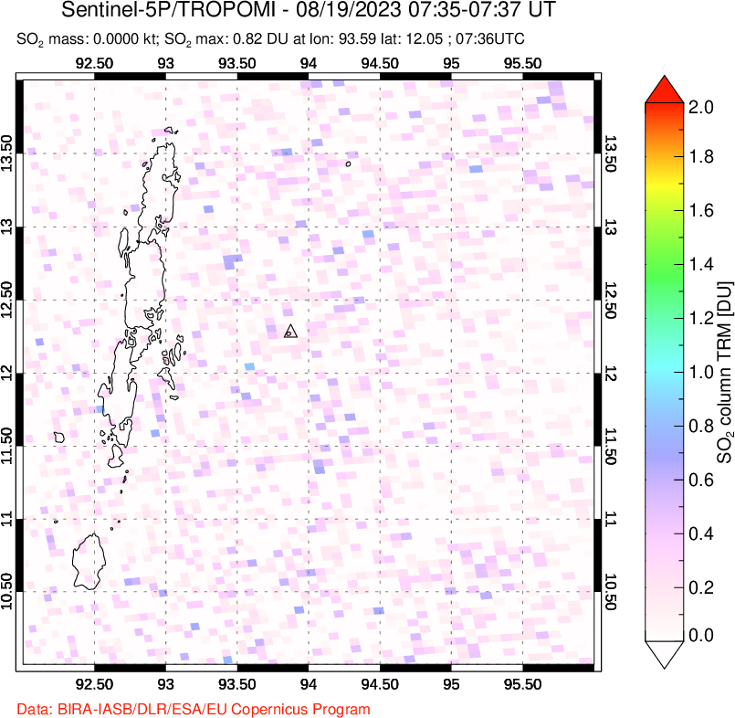 A sulfur dioxide image over Andaman Islands, Indian Ocean on Aug 19, 2023.