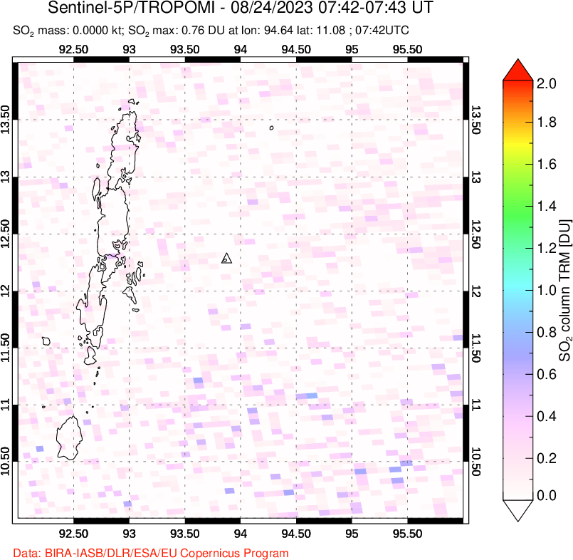 A sulfur dioxide image over Andaman Islands, Indian Ocean on Aug 24, 2023.