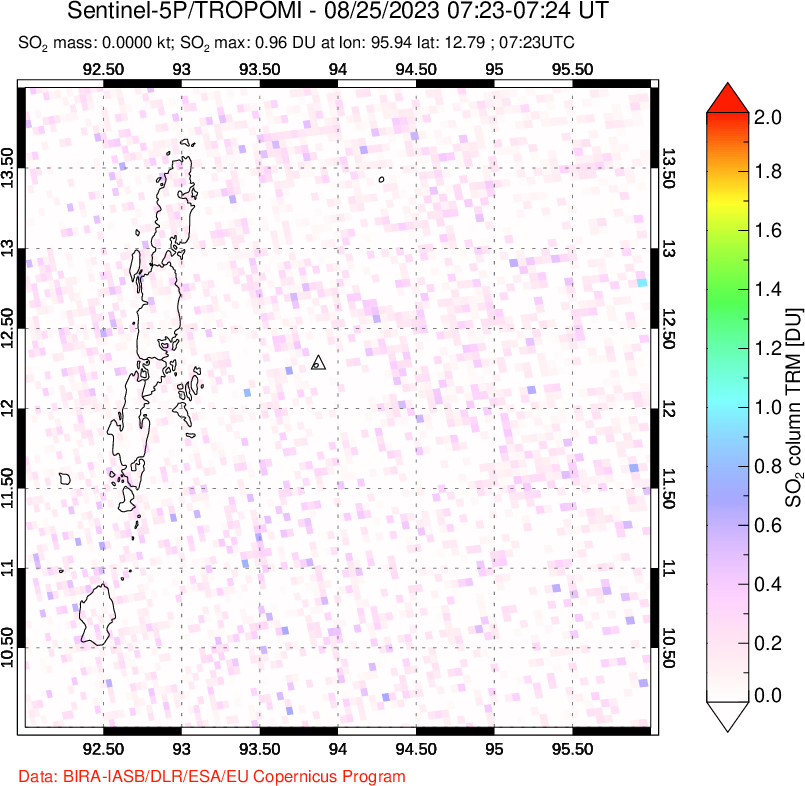 A sulfur dioxide image over Andaman Islands, Indian Ocean on Aug 25, 2023.