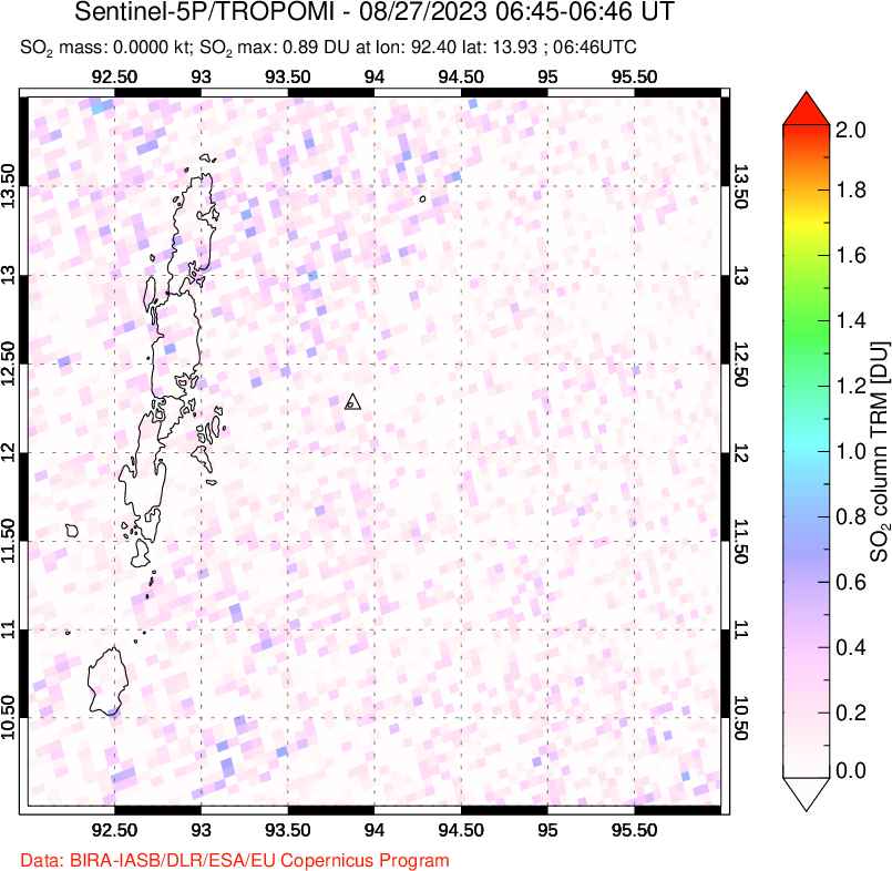 A sulfur dioxide image over Andaman Islands, Indian Ocean on Aug 27, 2023.