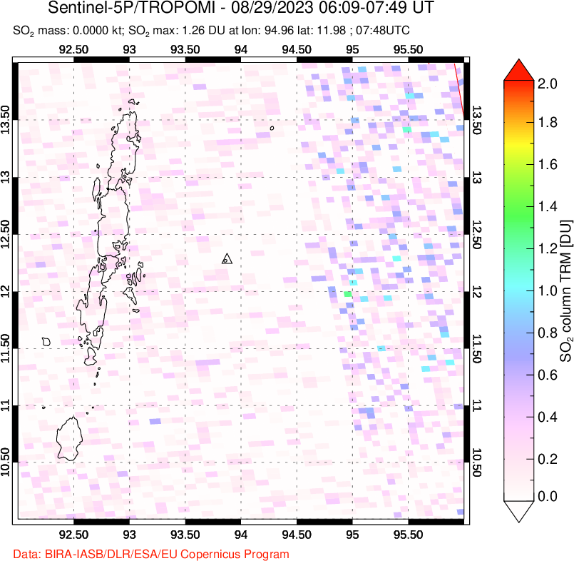 A sulfur dioxide image over Andaman Islands, Indian Ocean on Aug 29, 2023.