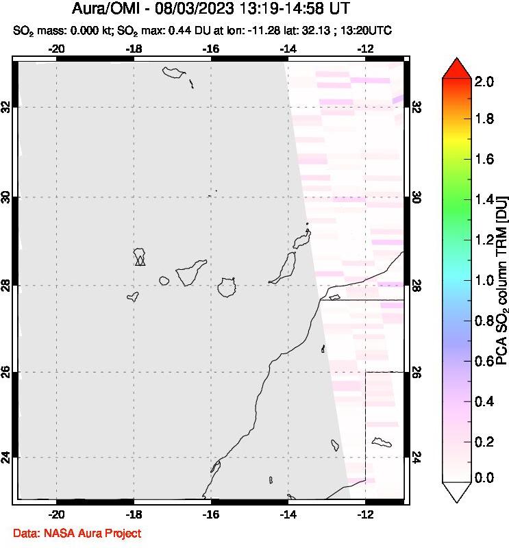 A sulfur dioxide image over Canary Islands on Aug 03, 2023.