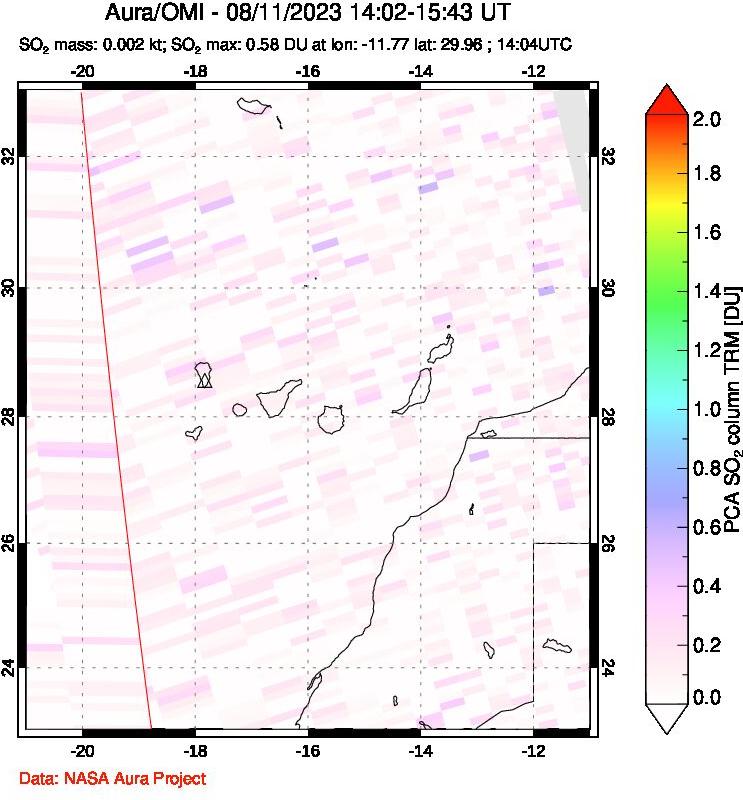 A sulfur dioxide image over Canary Islands on Aug 11, 2023.