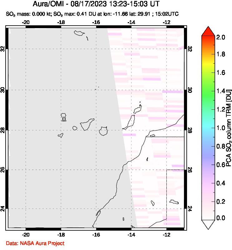 A sulfur dioxide image over Canary Islands on Aug 17, 2023.