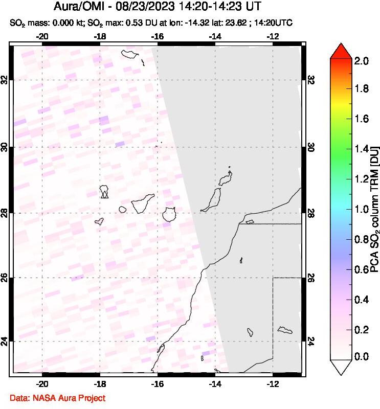 A sulfur dioxide image over Canary Islands on Aug 23, 2023.
