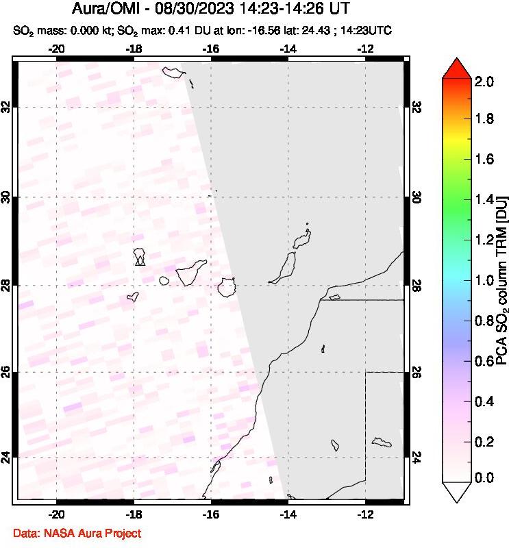 A sulfur dioxide image over Canary Islands on Aug 30, 2023.