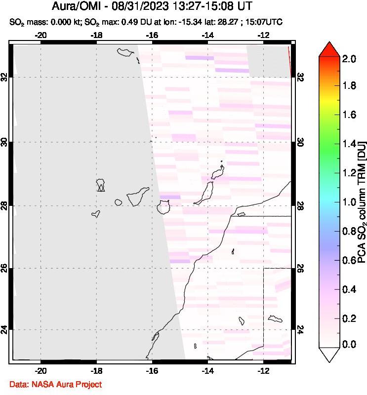 A sulfur dioxide image over Canary Islands on Aug 31, 2023.