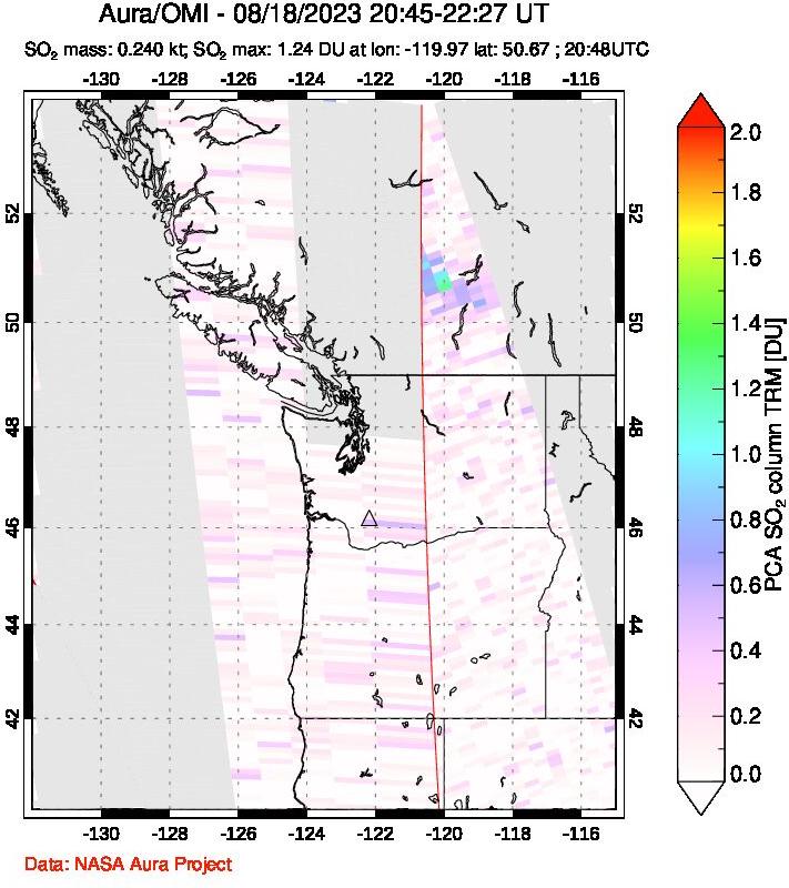 A sulfur dioxide image over Cascade Range, USA on Aug 18, 2023.