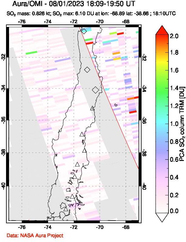 A sulfur dioxide image over Central Chile on Aug 01, 2023.