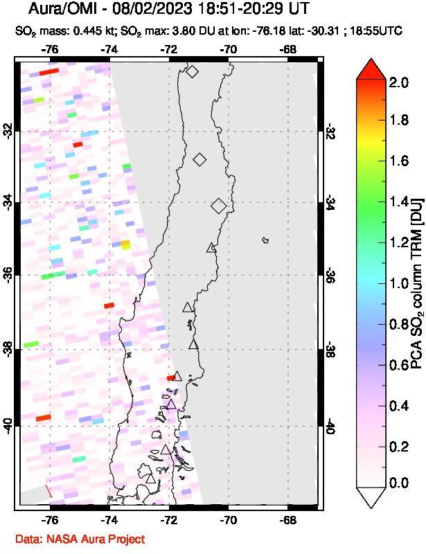 A sulfur dioxide image over Central Chile on Aug 02, 2023.