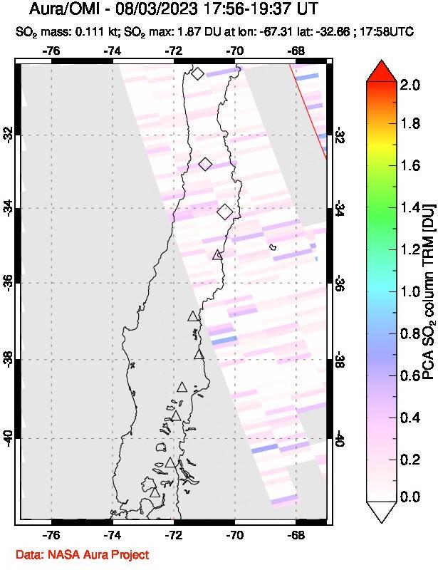 A sulfur dioxide image over Central Chile on Aug 03, 2023.