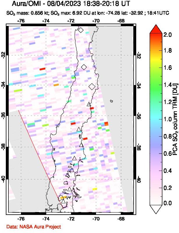 A sulfur dioxide image over Central Chile on Aug 04, 2023.