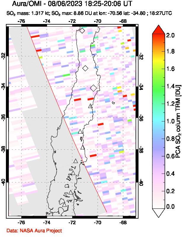 A sulfur dioxide image over Central Chile on Aug 06, 2023.